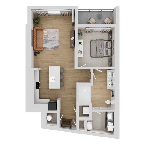 A top-down view of a modern apartment layout with a living room, kitchen, and bedroom.